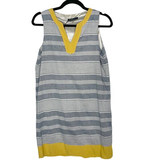 New THML XSmall XS Blue Yellow Striped Sleeveless Shift Dress Split VNeck Cotton - Picture 1 of 9
